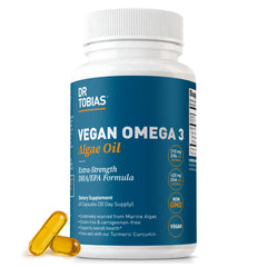 Dr. Tobias vegan omega-3 bottle front for daily vitality.