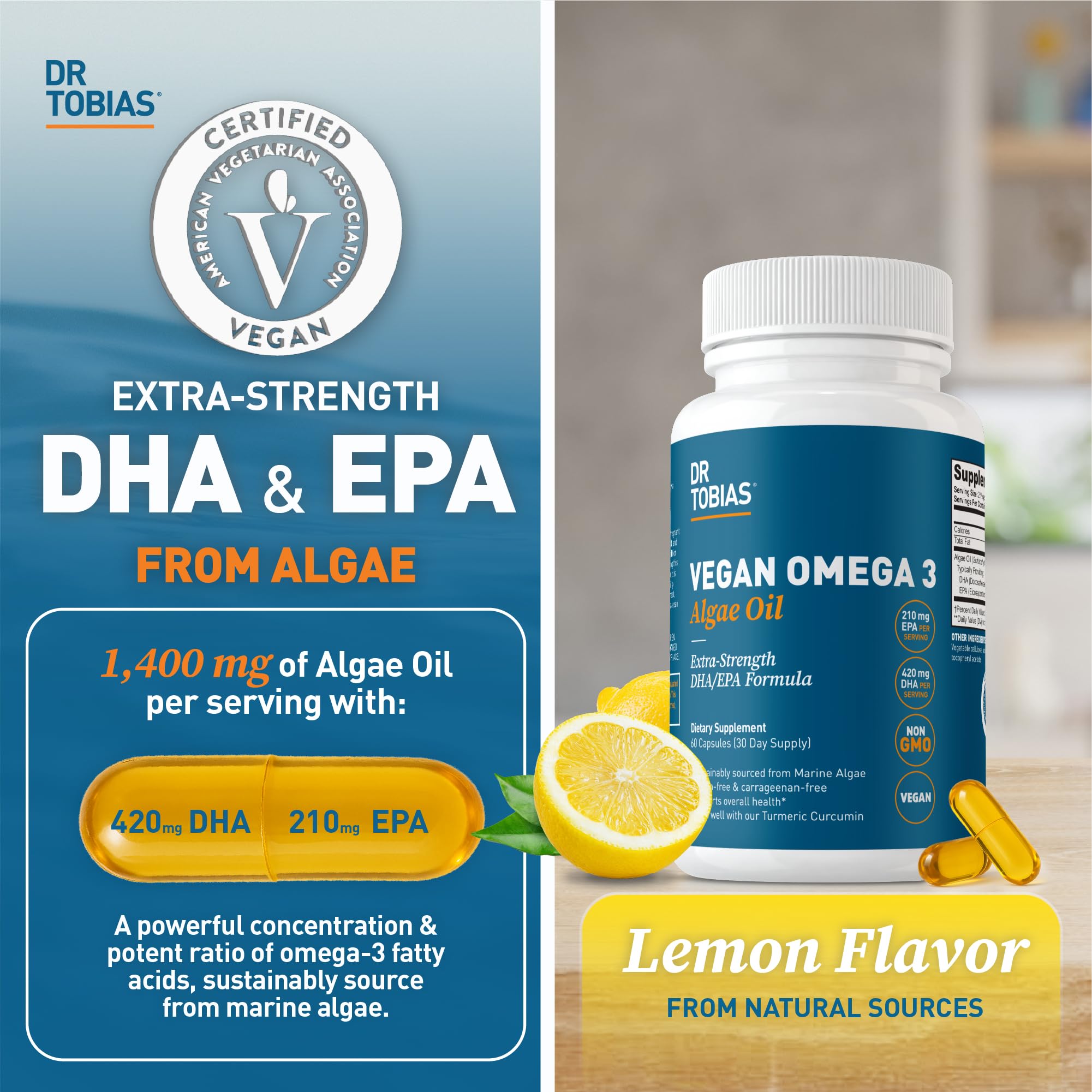 Dr. Tobias omega-3 capsules close-up highlighting algae oil source.