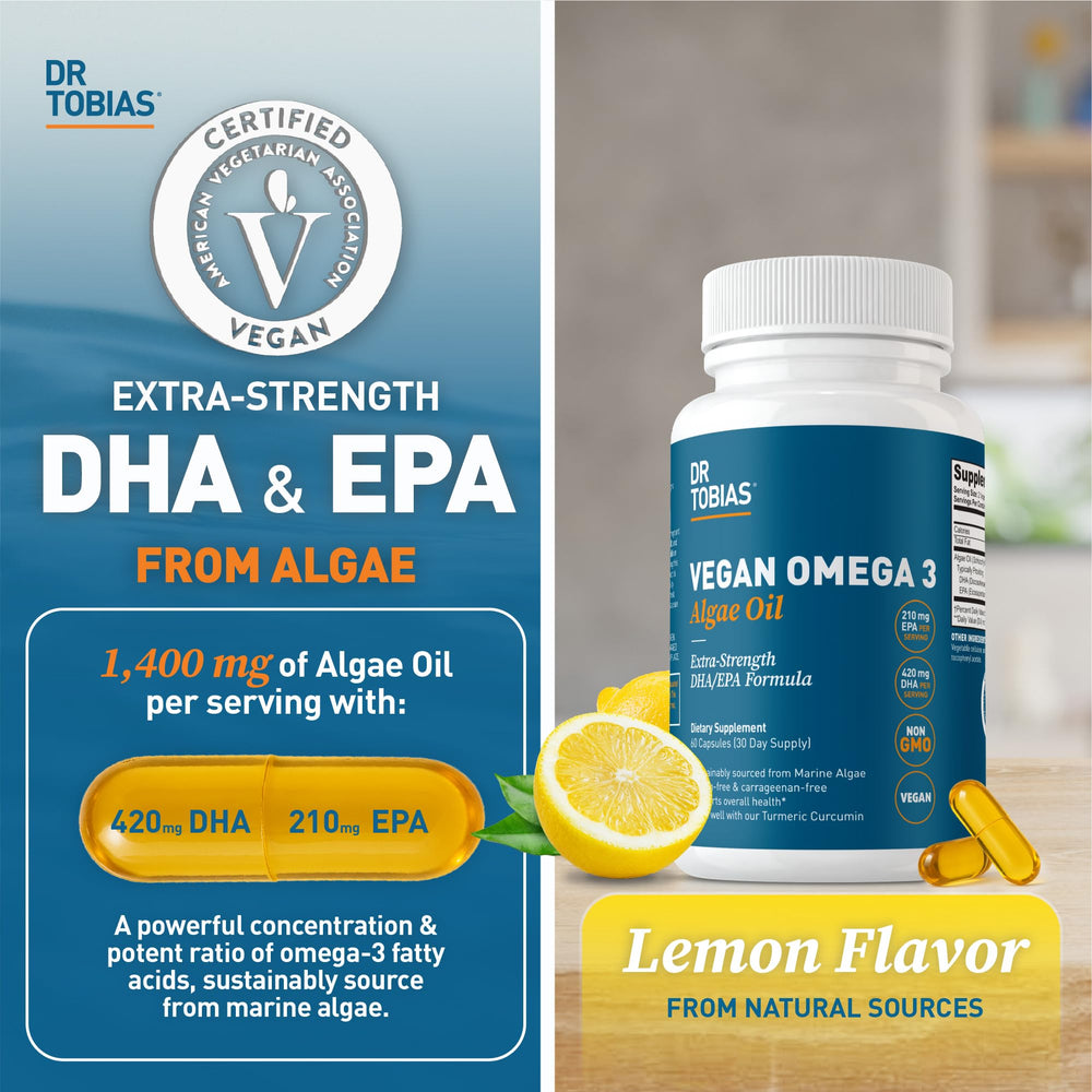 Dr. Tobias omega-3 capsules close-up highlighting algae oil source.