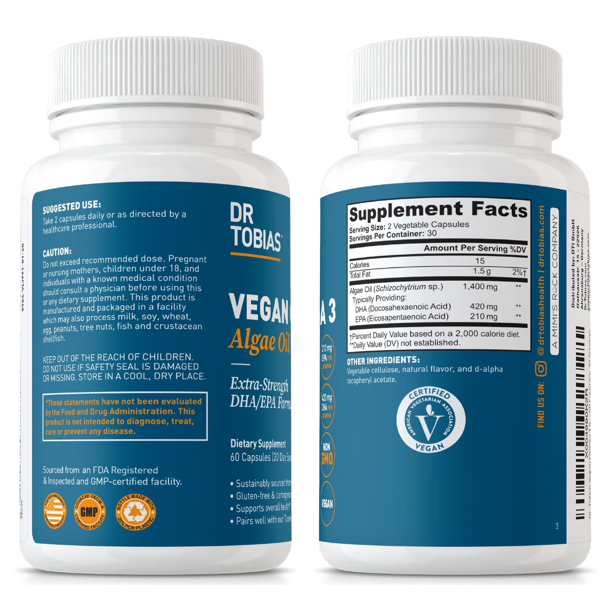 USA GMP-certified facility logo on Dr. Tobias omega-3 packaging.