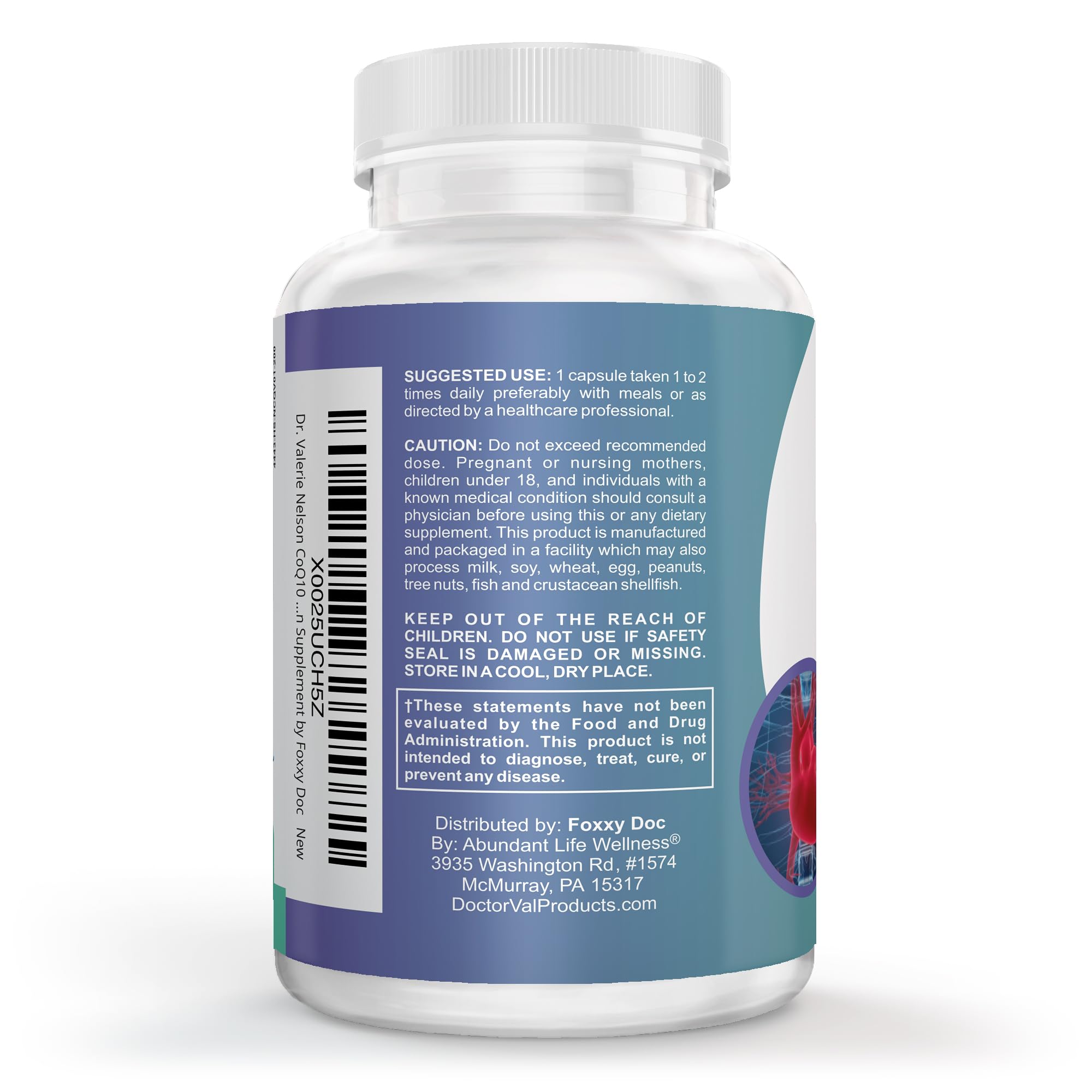 Dr. Valerie Nelson CoQ10 bottle front view highlighting vegan capsules and quick absorption