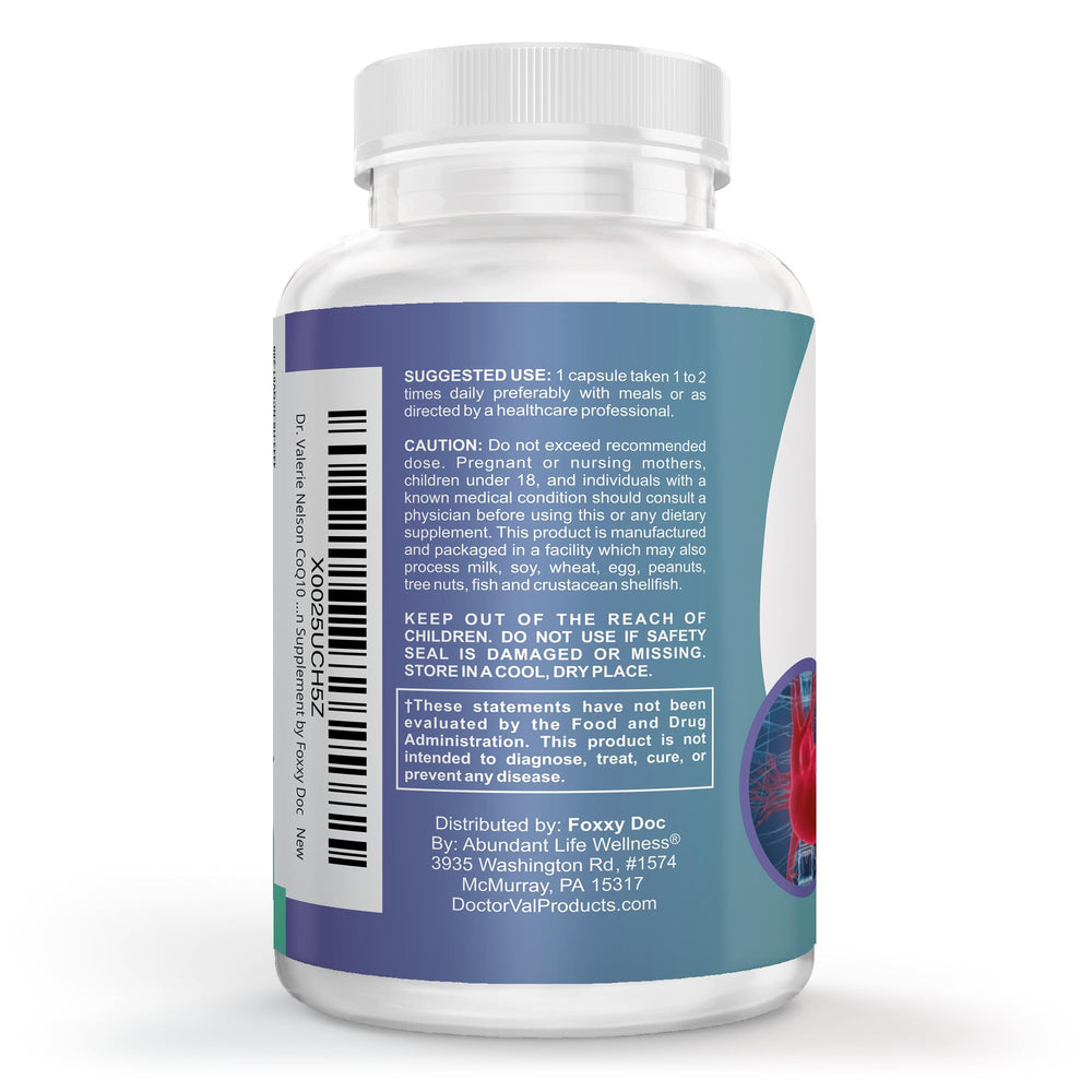 Dr. Valerie Nelson CoQ10 bottle front view highlighting vegan capsules and quick absorption