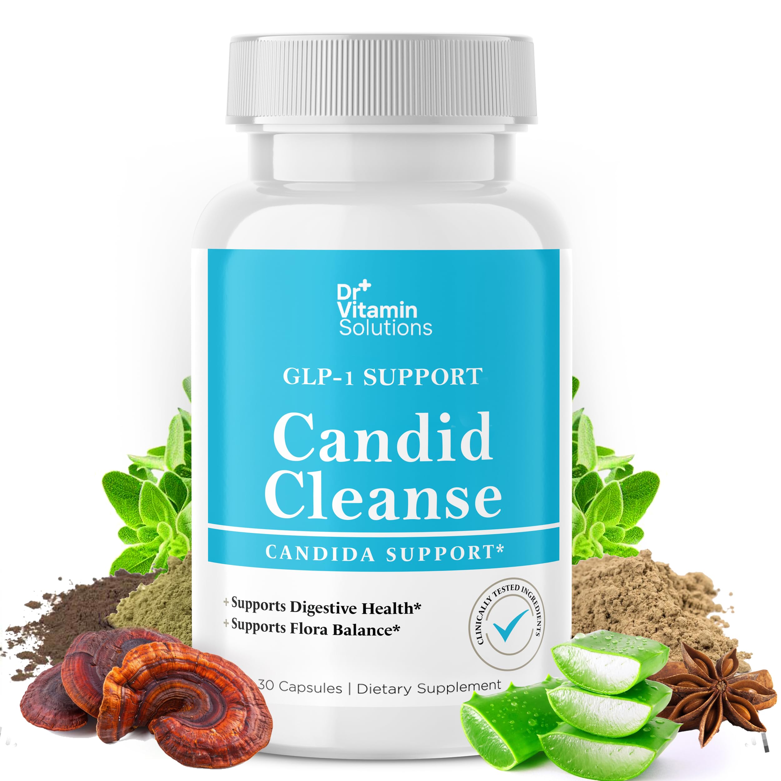 DR VITAMIN SOLUTIONS Candid Cleanse bottle front view promoting gut balance with natural ingredients.