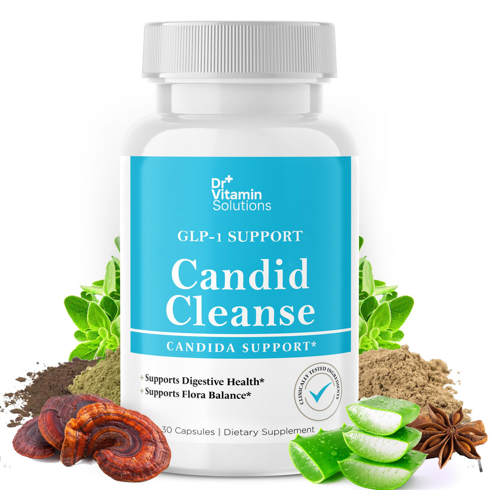 DR VITAMIN SOLUTIONS Candid Cleanse bottle front view promoting gut balance with natural ingredients.