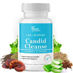 DR VITAMIN SOLUTIONS Candid Cleanse bottle front view promoting gut balance with natural ingredients.
