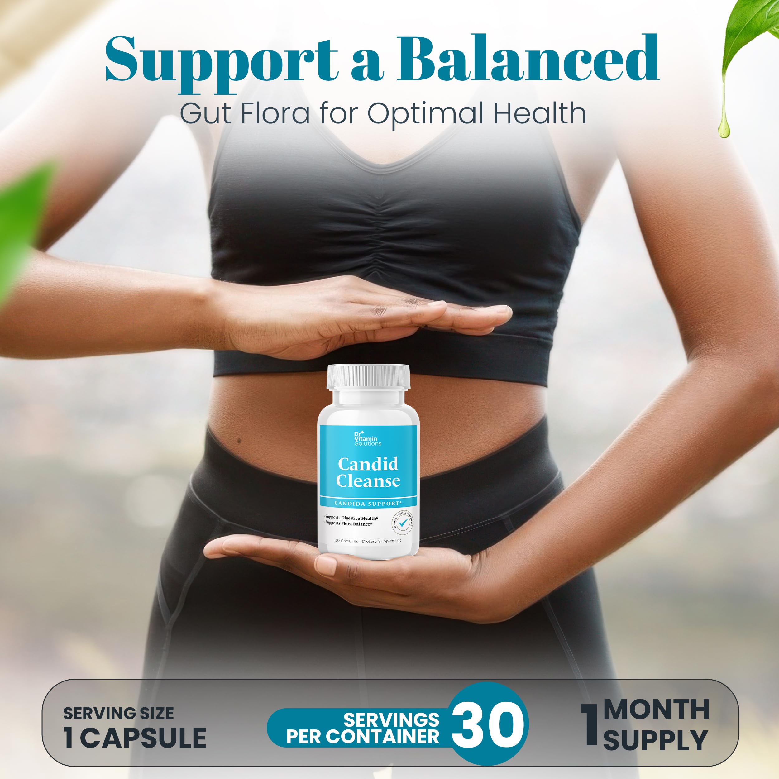 DR VITAMIN SOLUTIONS Candid Cleanse ingredients icons emphasizing LactoSpore and aloe vera.