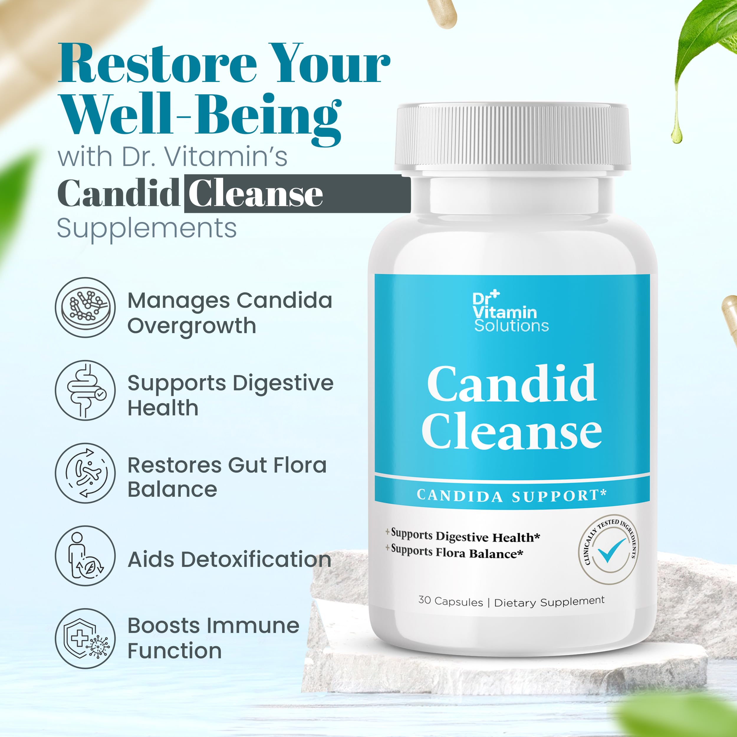 DR VITAMIN SOLUTIONS Candid Cleanse packaging box display of detox formulation.