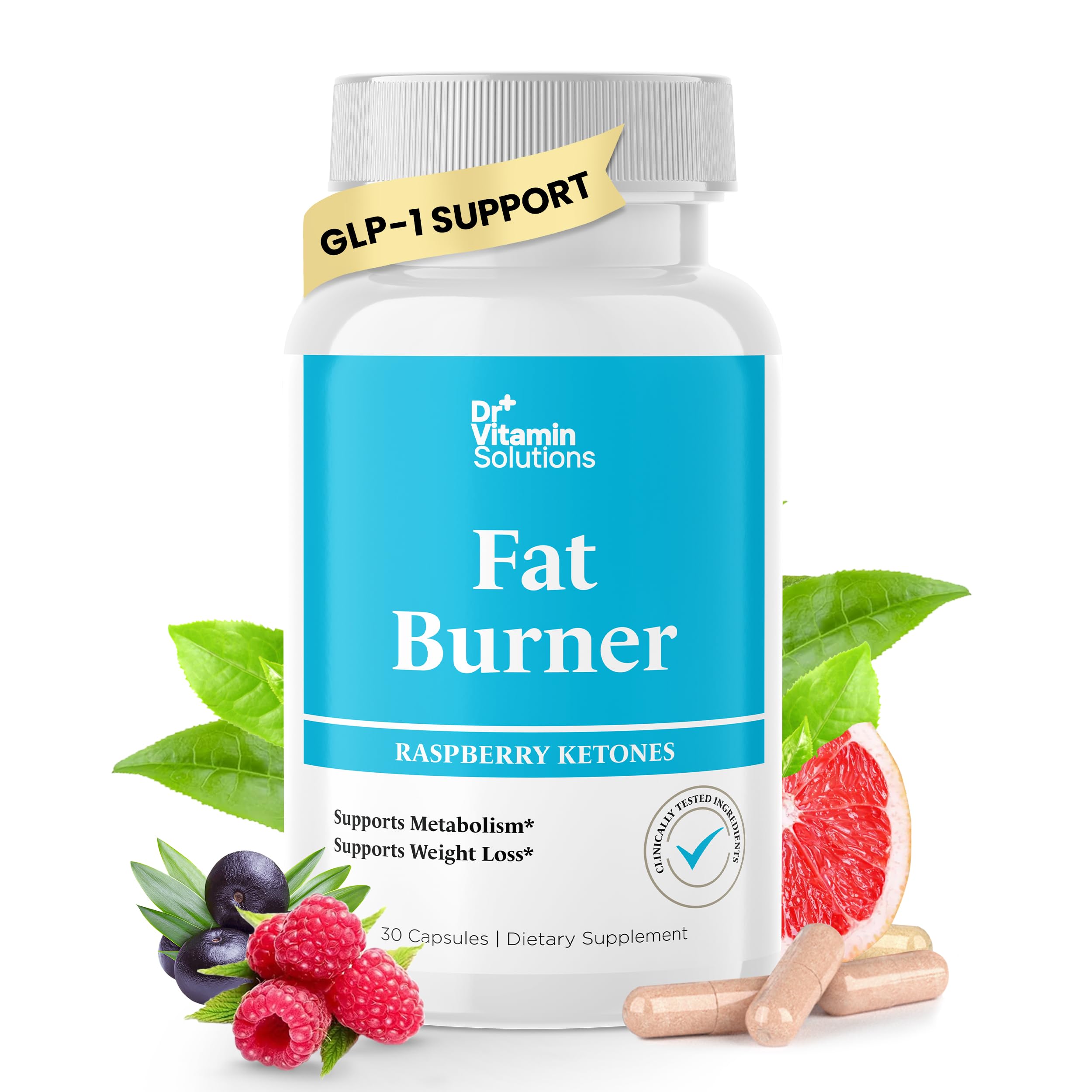 DR VITAMIN SOLUTIONS fat burner bottle cap close-up, showcasing a vegan daily supplement.