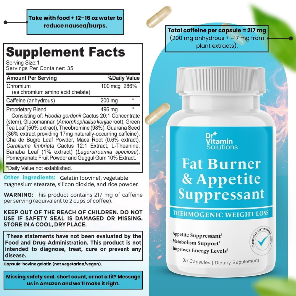DR VITAMIN SOLUTIONS fat burner capsules closeup for steady daily intake.