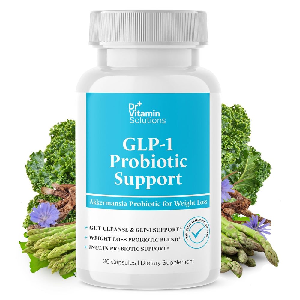 DR VITAMIN SOLUTIONS GLP-1 Probiotic Support bottle label showing product branding for gut wellness