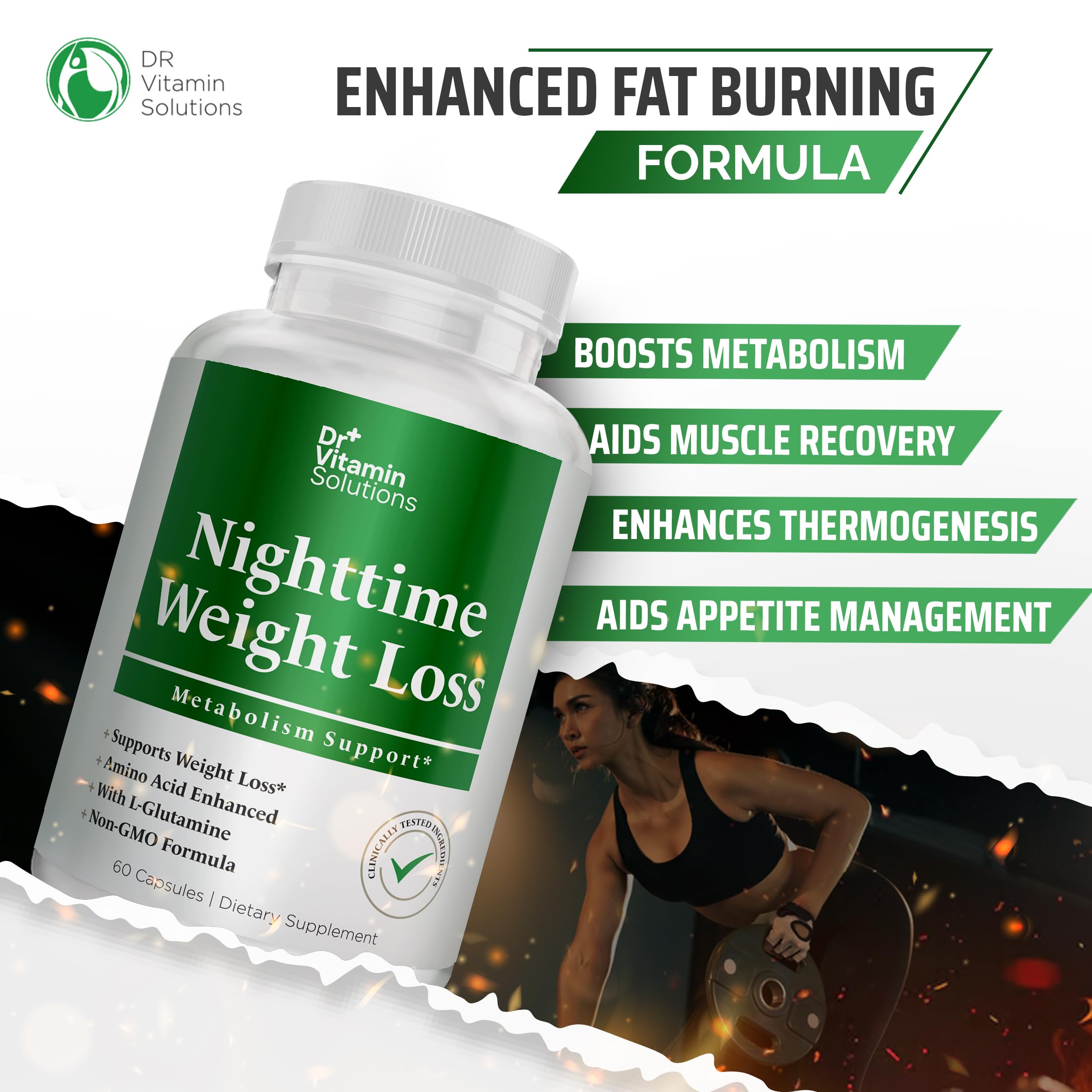 Gluten-free and caffeine-free badge on DR VITAMIN SOLUTIONS Nighttime Fat Burner image