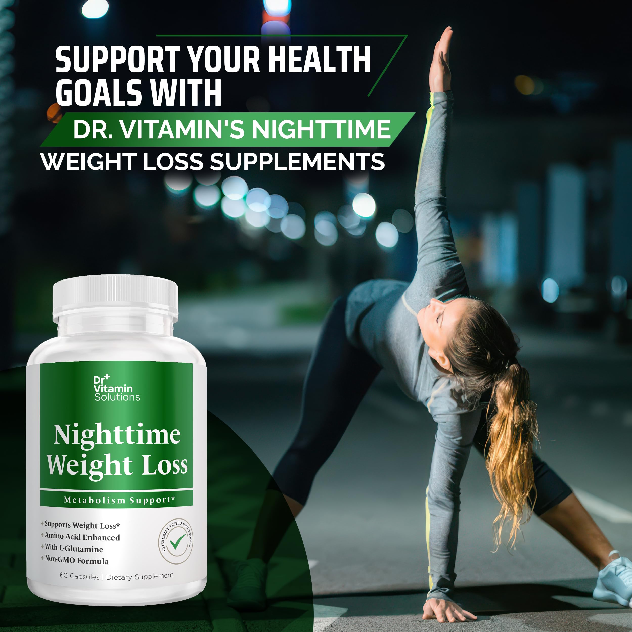 At-bedtime use scene with DR VITAMIN SOLUTIONS Nighttime Fat Burner capsule