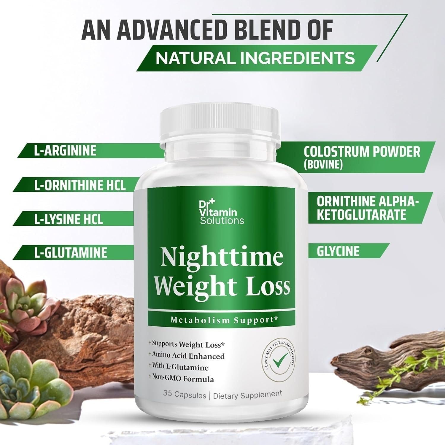 Close-up of Nighttime Fat Burner capsules showing gluten-free and non-GMO features.