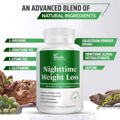 Close-up of Nighttime Fat Burner capsules showing gluten-free and non-GMO features.