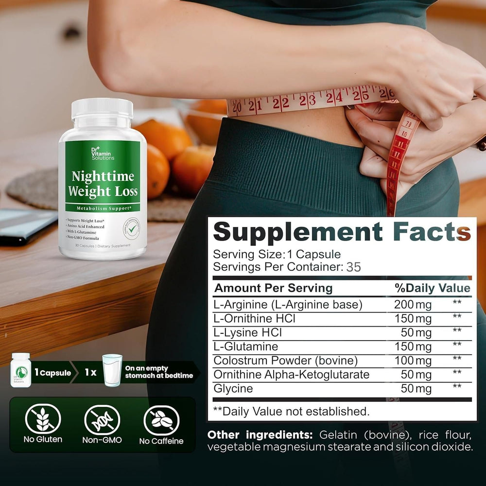 Nighttime fat burner ingredients label featuring L-Arginine, L-Glutamine, and L-Carnitine for overnight support.