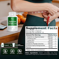 Nighttime fat burner ingredients label featuring L-Arginine, L-Glutamine, and L-Carnitine for overnight support.