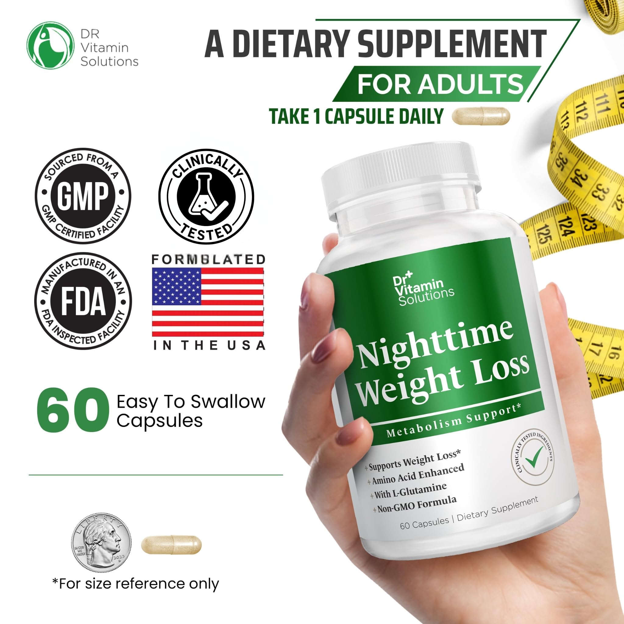 Ingredients panel of DR VITAMIN SOLUTIONS Nighttime Fat Burner featuring L-Carnitine