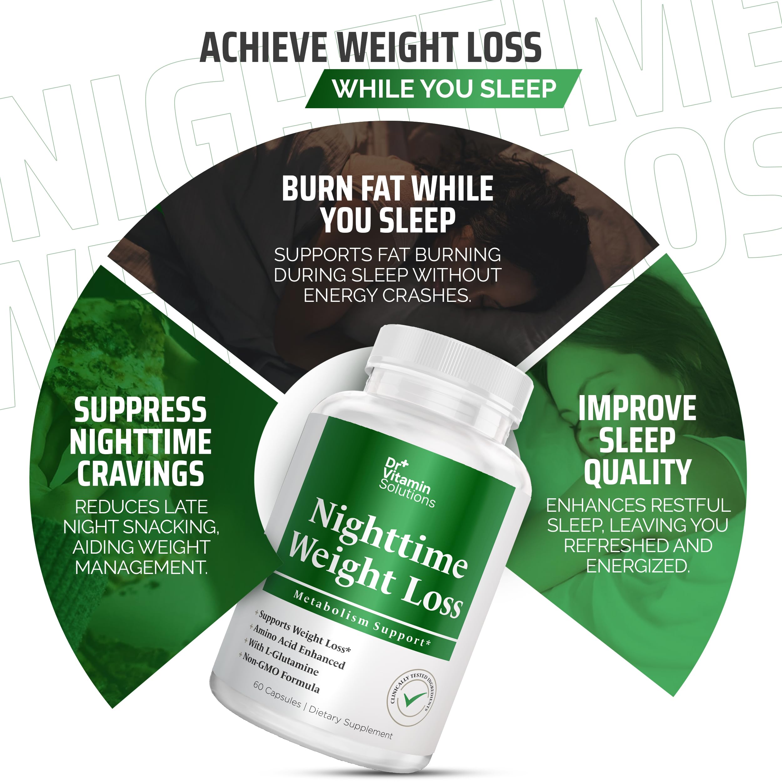Label close-up of DR VITAMIN SOLUTIONS Nighttime Fat Burner with L-Arginine and L-Glutamine