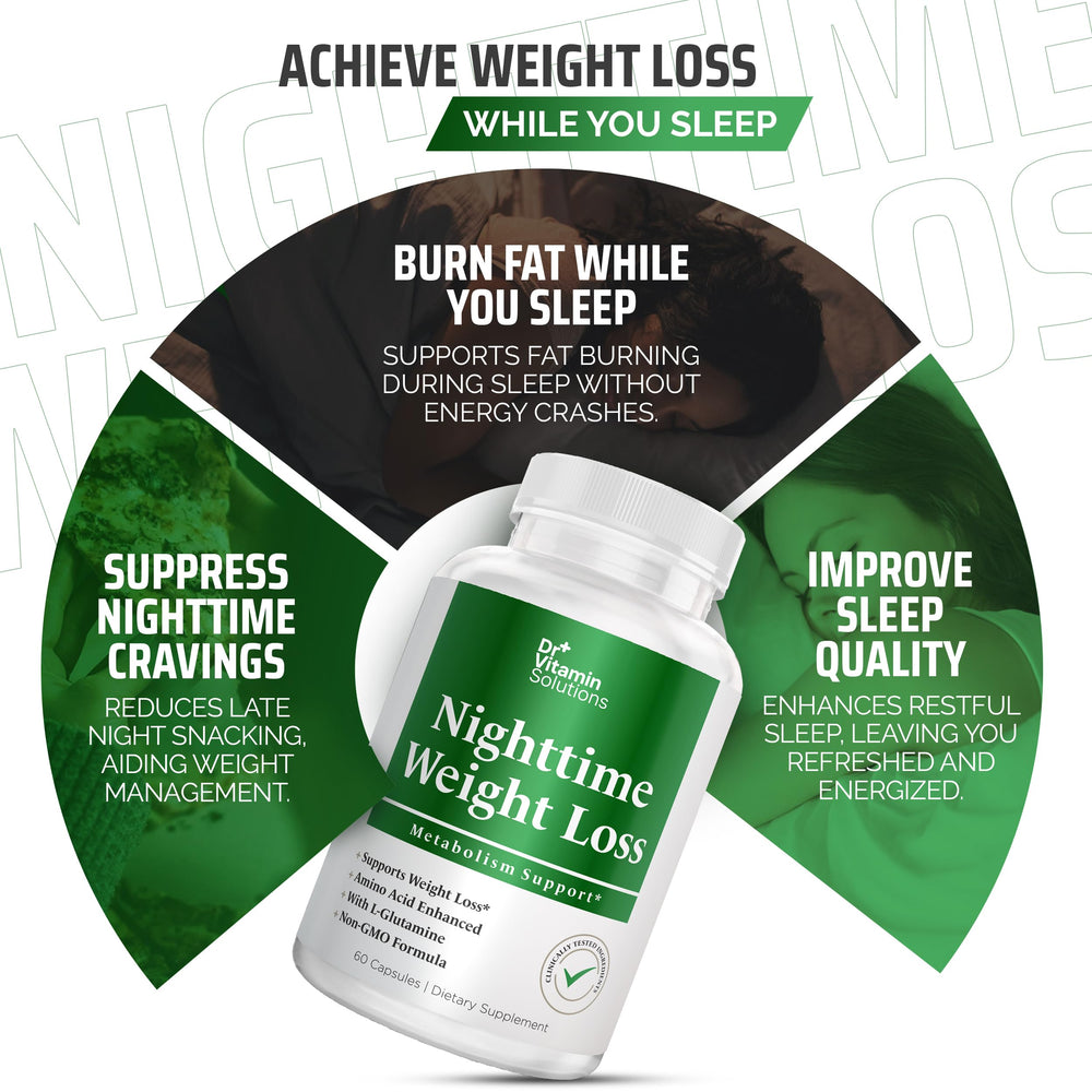Label close-up of DR VITAMIN SOLUTIONS Nighttime Fat Burner with L-Arginine and L-Glutamine
