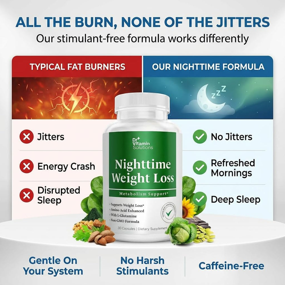 DR VITAMIN SOLUTIONS packaging on a calm nightstand with soft lighting for easy nightly use