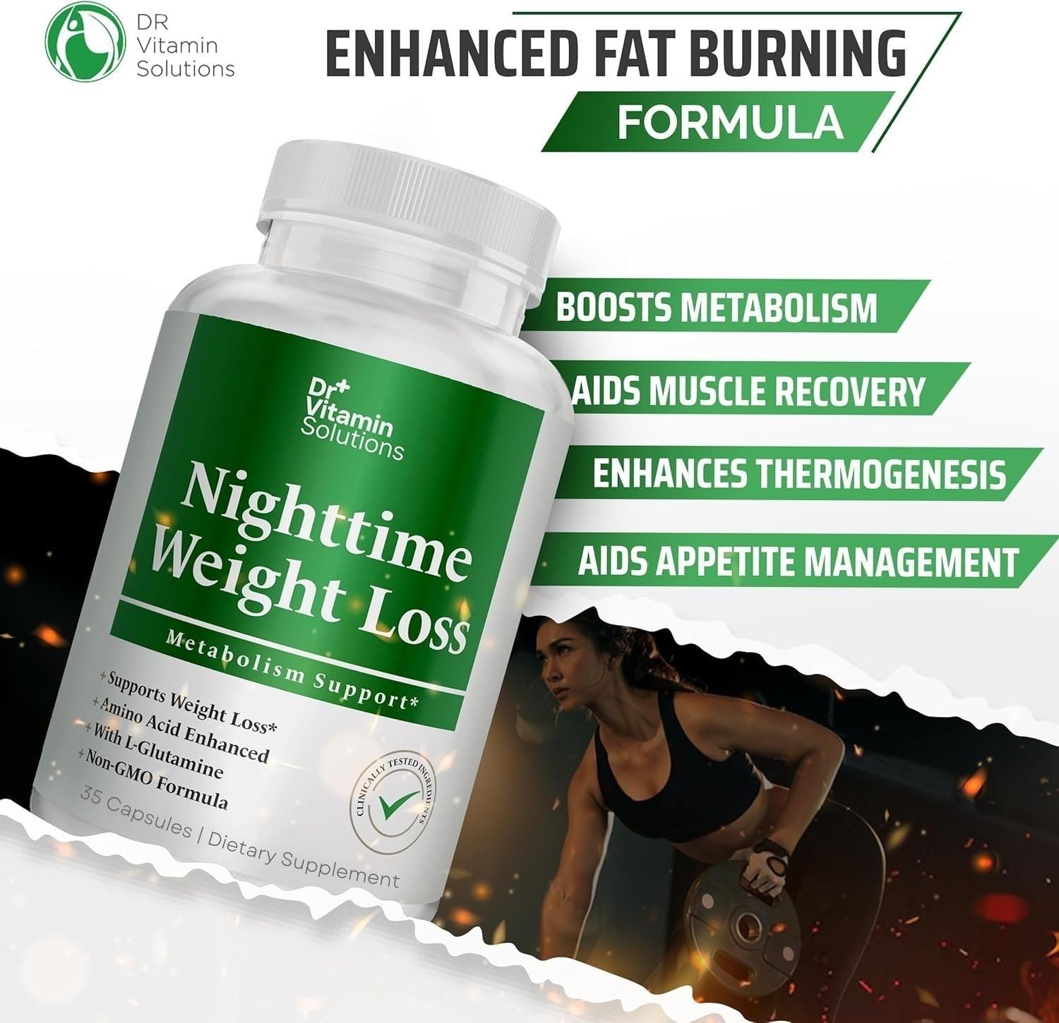 Packaging of DR VITAMIN SOLUTIONS Nighttime Fat Burner displayed on a store shelf.
