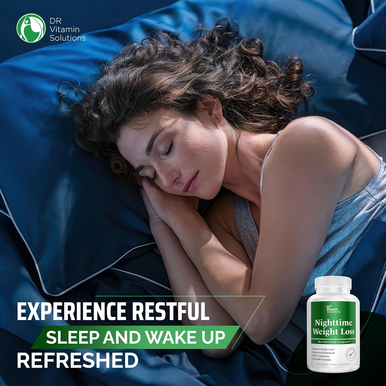 Capsule close-up emphasizing stimulant-free sleep support from DR VITAMIN SOLUTIONS.