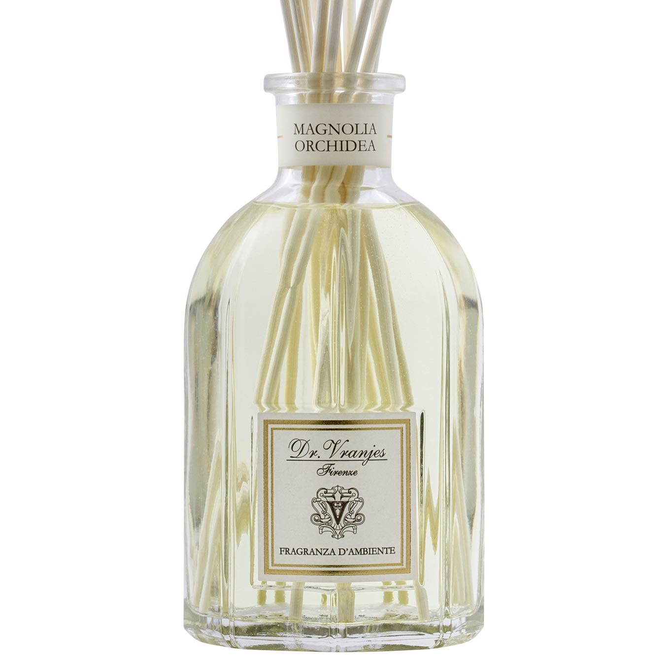 Dr. Vranjes Magnolia Orchidea diffuser bottle with reeds for refined living room ambience.