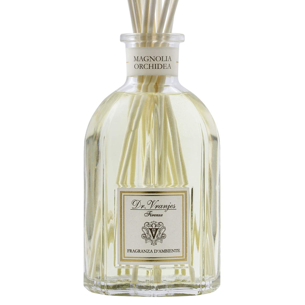 Dr. Vranjes Magnolia Orchidea diffuser bottle with reeds for refined living room ambience.
