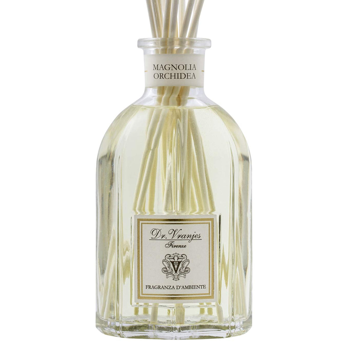 Dr. Vranjes Magnolia Orchidea diffuser bottle with reeds for refined living room ambience.