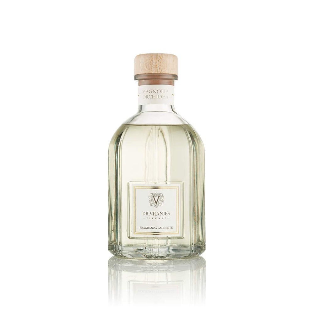 Dr. Vranjes Magnolia Orchidea diffuser bottle enhances elegant room ambiance.