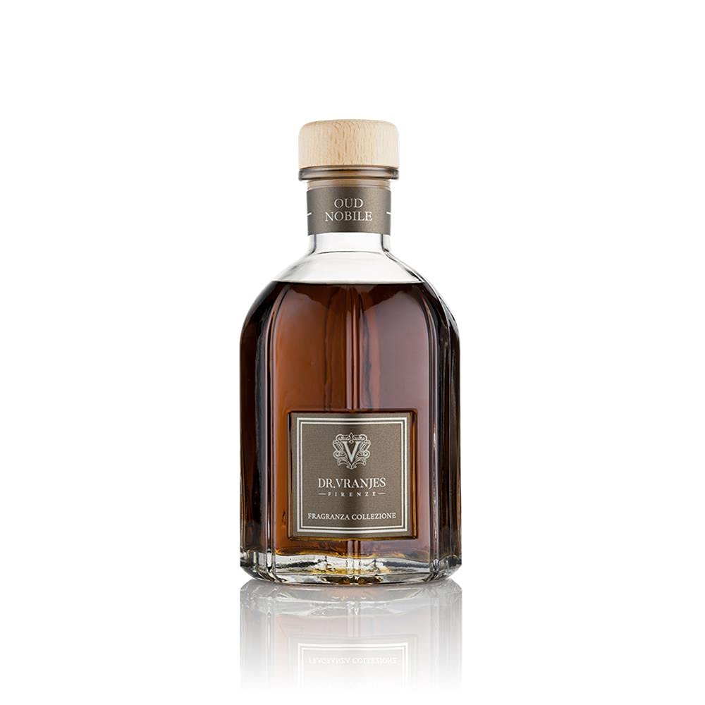 Close-up of Dr. Vranjes Oud Nobile bottle highlighting rich amber resin notes.