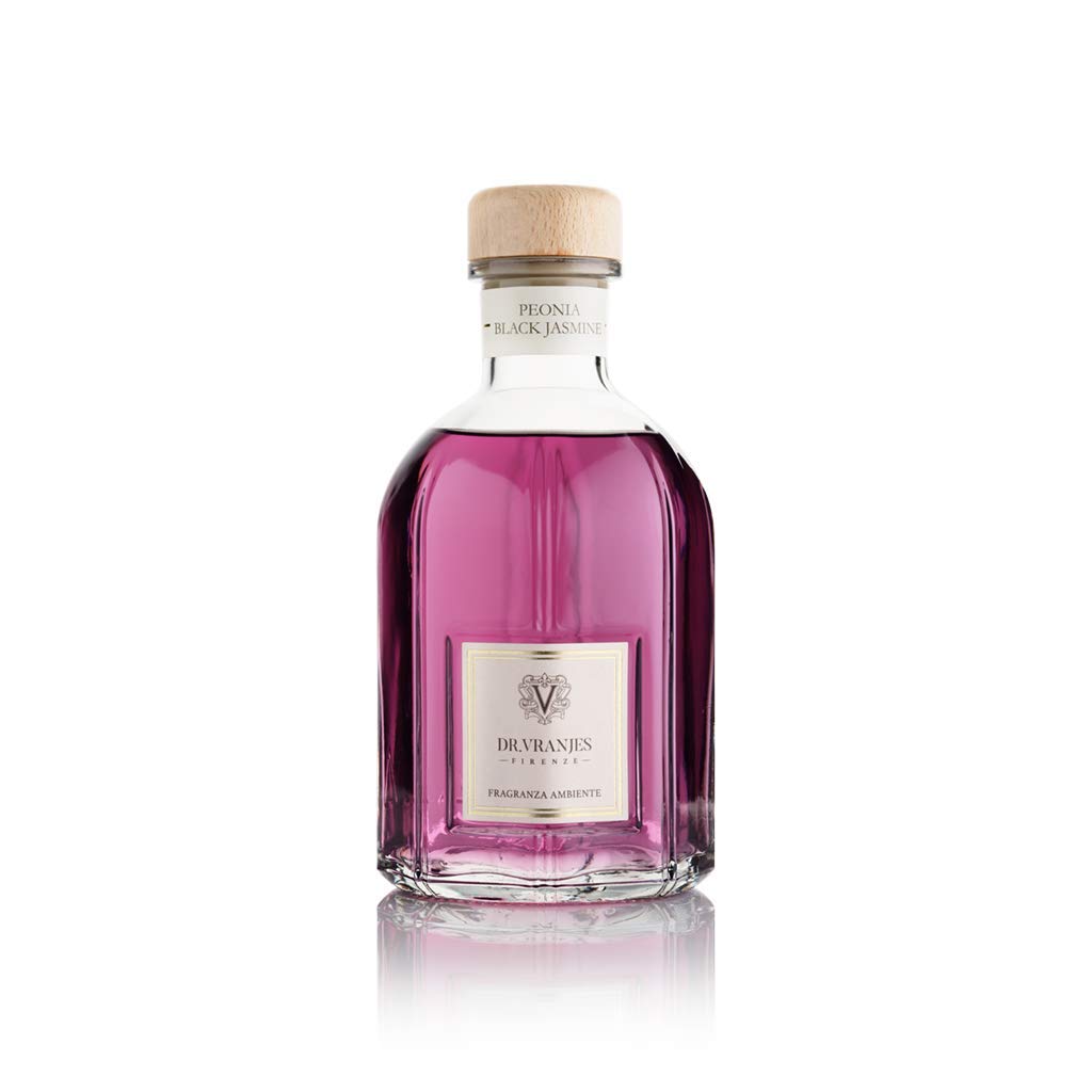 Dr Vranjes Peonia Black Jasmine diffuser bottle creates refined ambiance in living spaces with floral aroma.