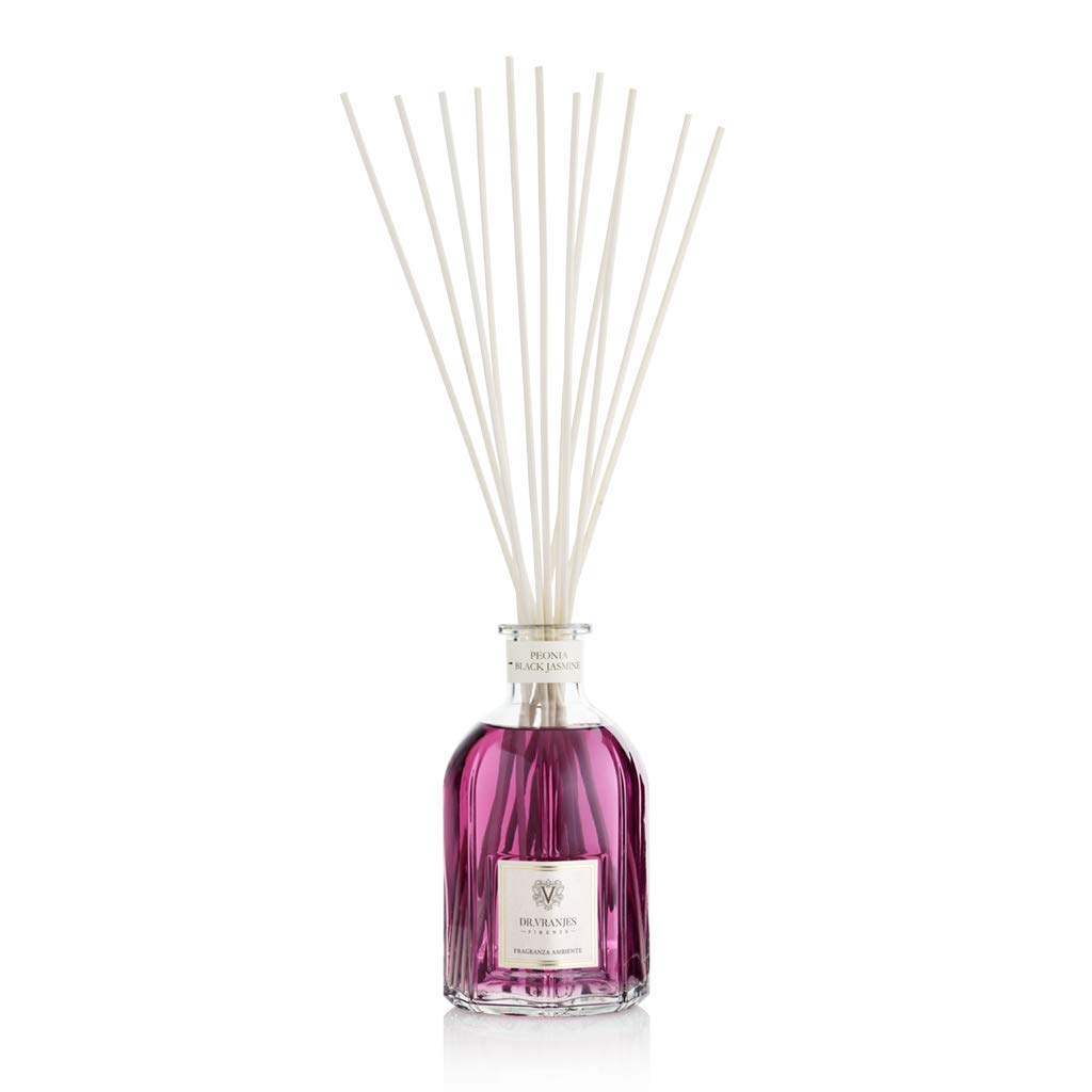 Dr Vranjes Peonia Black Jasmine diffuser in room scene delivering inviting, long-lasting fragrance.