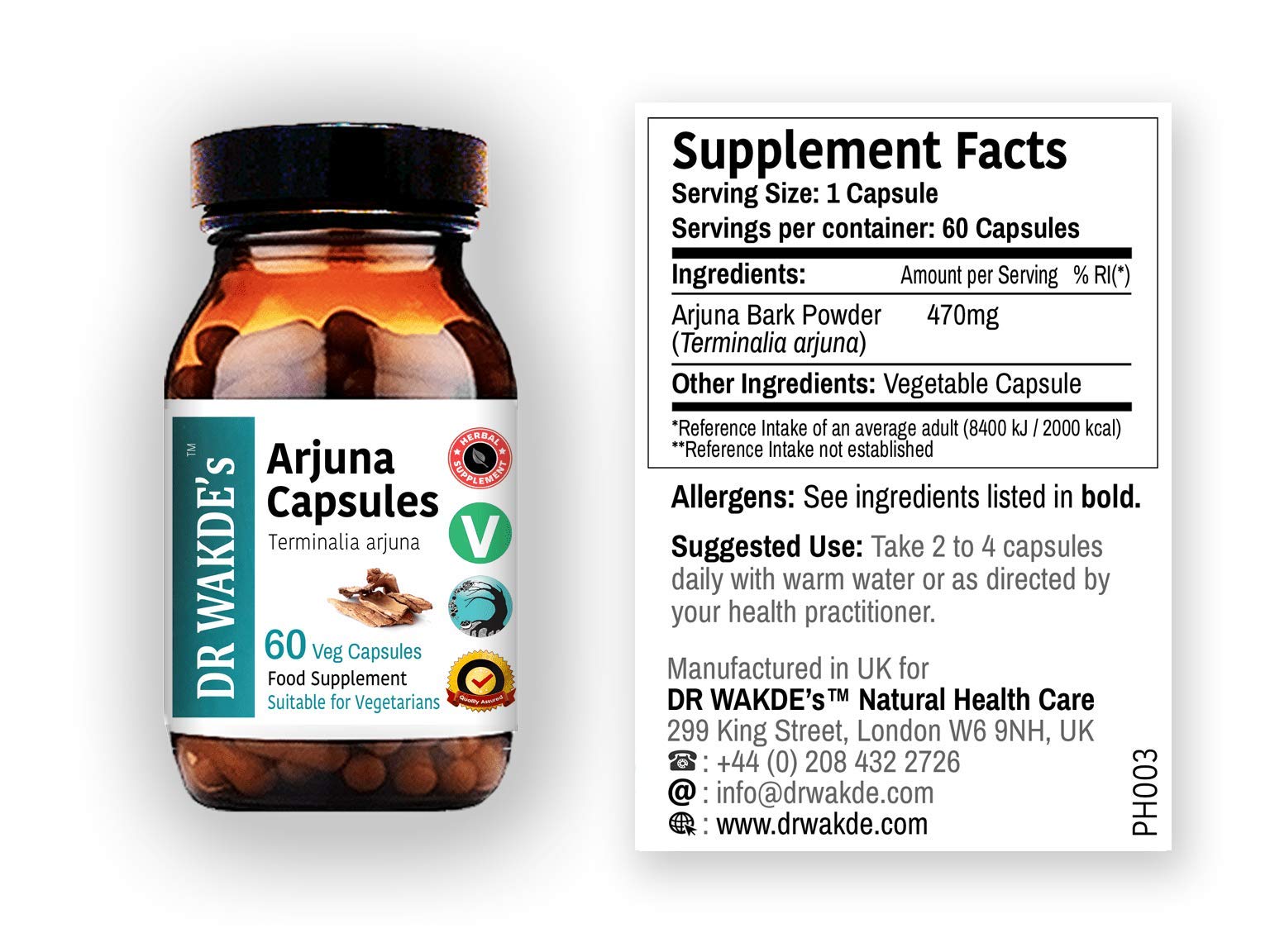 DR WAKDE'S Arjuna capsules label closeup emphasizes additive-free contents.