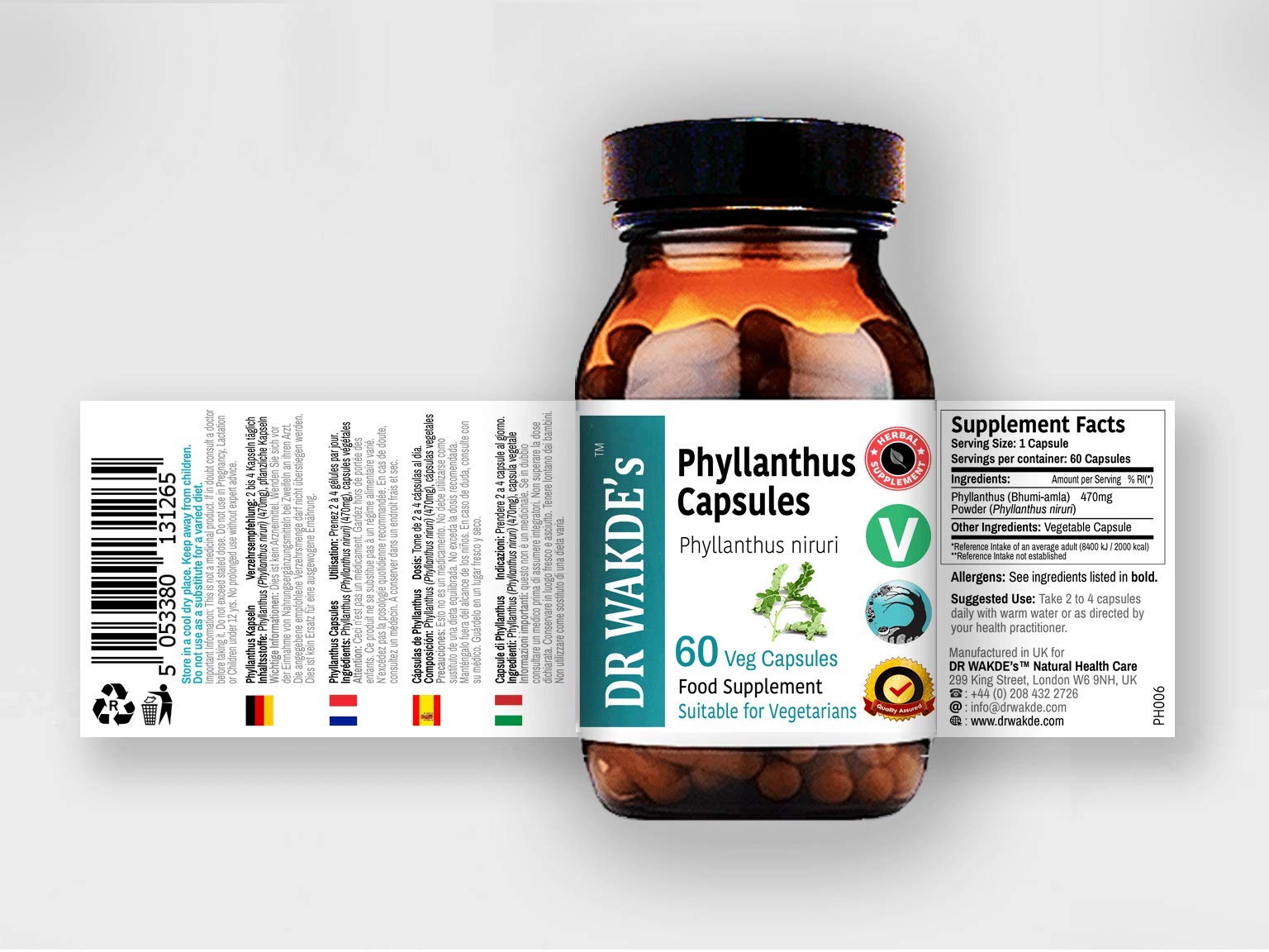 DR WAKDE'S Phyllanthus bottle label emphasizes vegetarian capsules and sustainable sourcing.