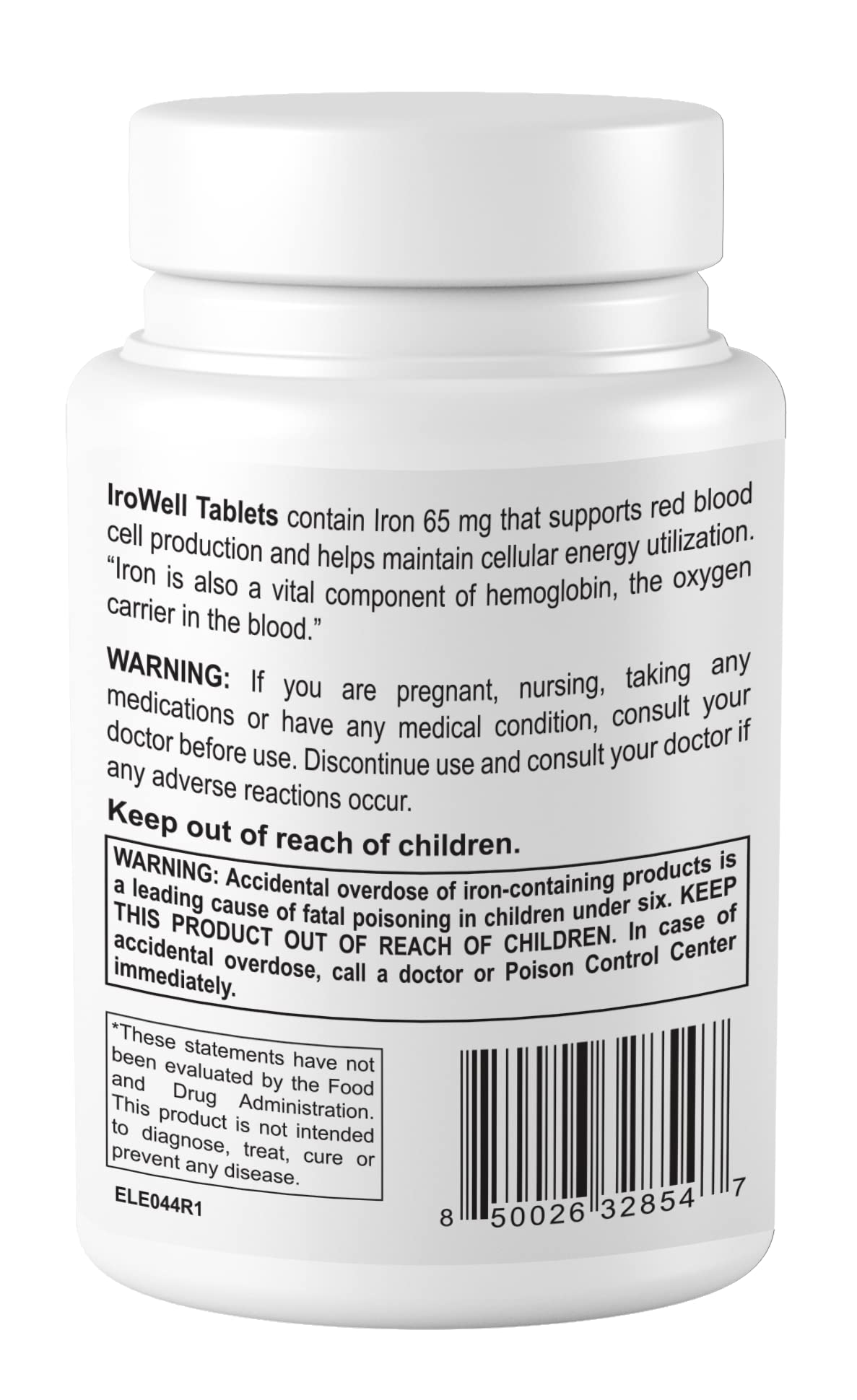 DR WELLME NUTRITION Irowell bottle label with 65 mg dosage detail.