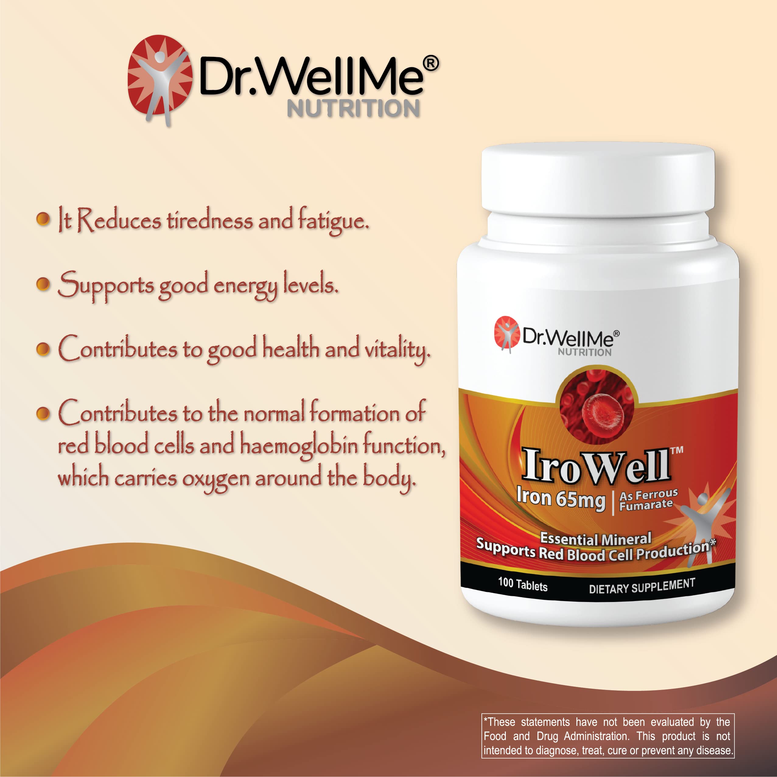 DR WELLME NUTRITION Irowell iron supplement beside a glass of water ready to take.