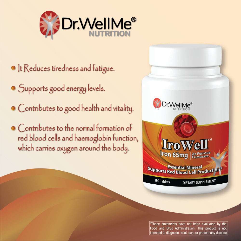 DR WELLME NUTRITION Irowell iron supplement beside a glass of water ready to take.