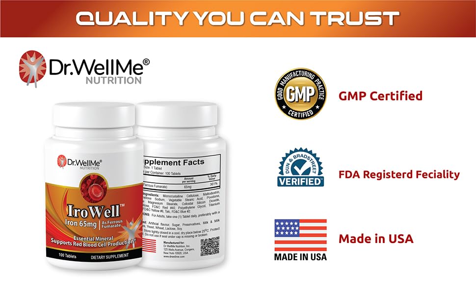 Irowell iron tablets on a kitchen counter with other vitamins for everyday wellness.