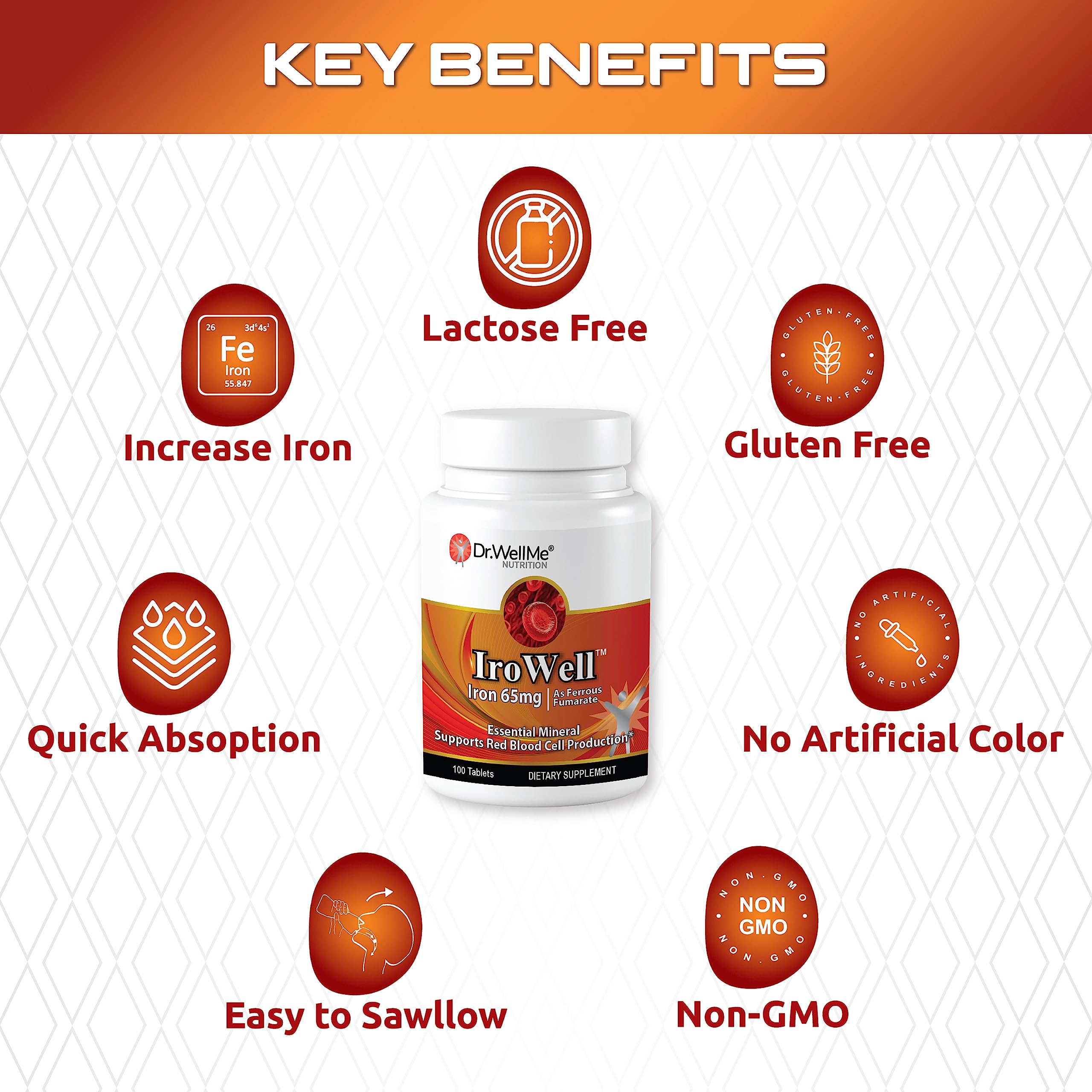 DR WELLME NUTRITION Irowell iron tablets packaging ready for daily use.