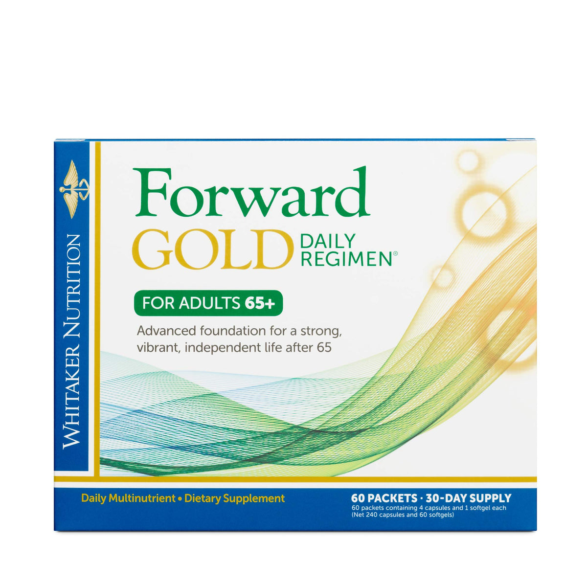 DR.WHITAKER Forward Gold bottle and packets for a convenient daily regimen that supports balanced aging.