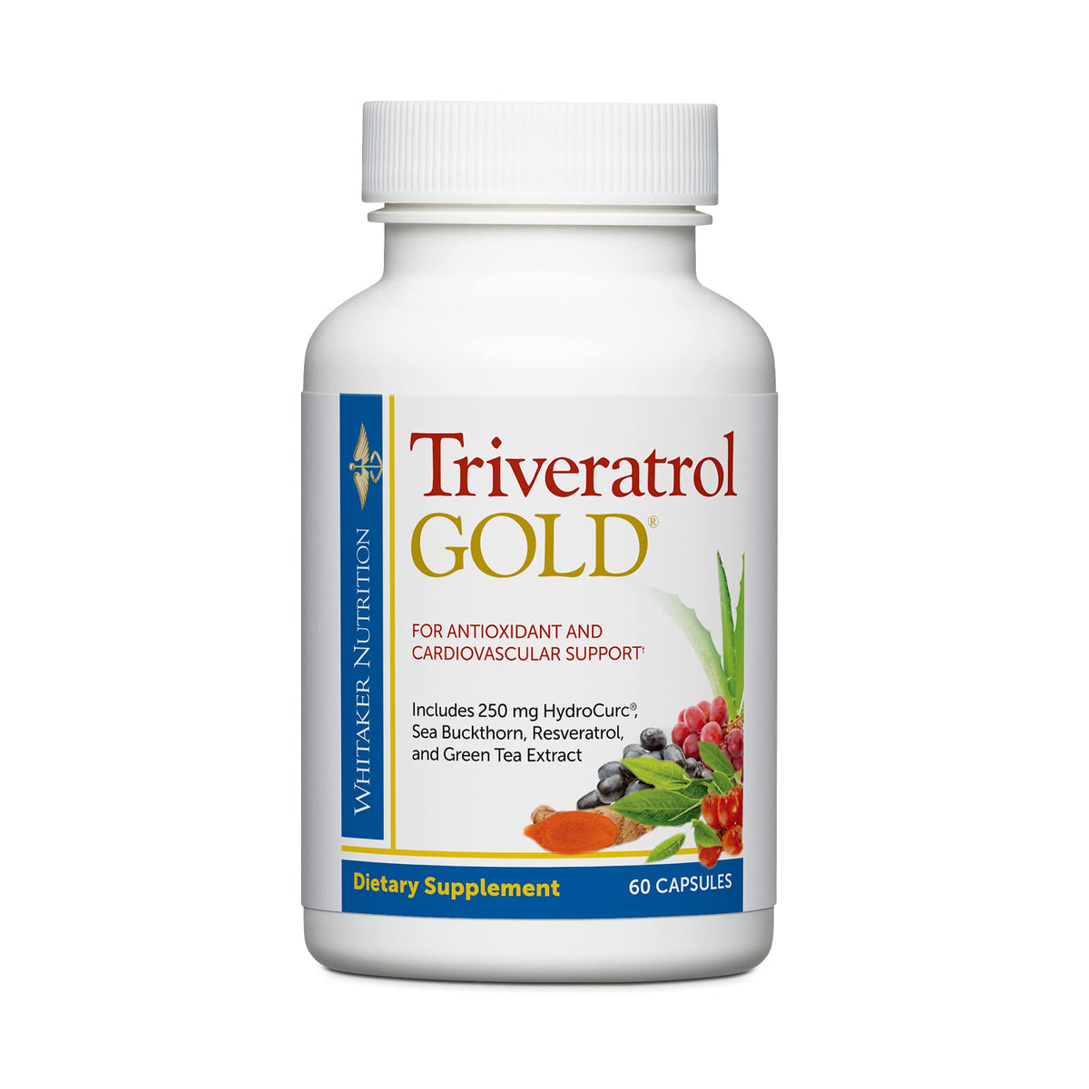 DR.WHITAKER Triveratrol Gold bottle close-up for antioxidant support.
