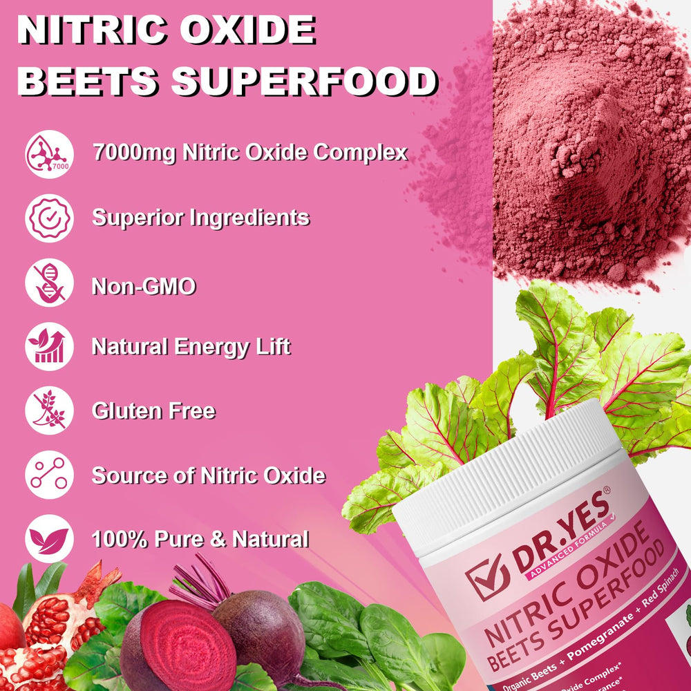 DR YES Organic Beet Root Nitric Oxide Powder poured into a juice
