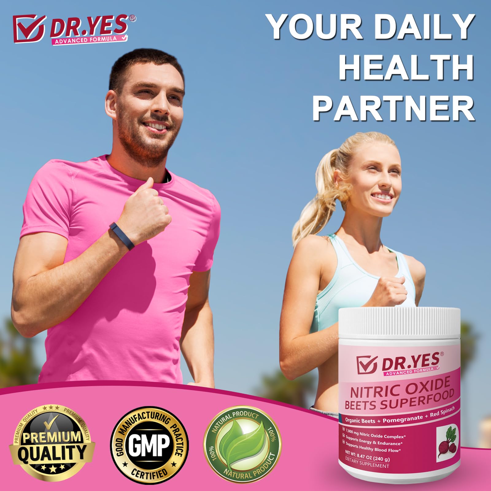 DR YES Beet Root Nitric Oxide Powder close-up highlighting vegan gluten-free ingredients