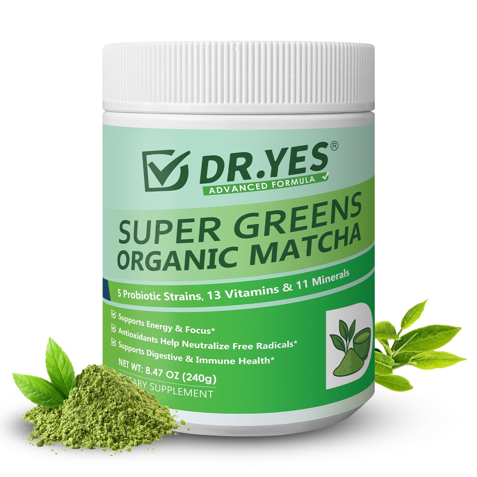 DR YES Organic Grade Matcha powder in tin, vibrant green for premium tea