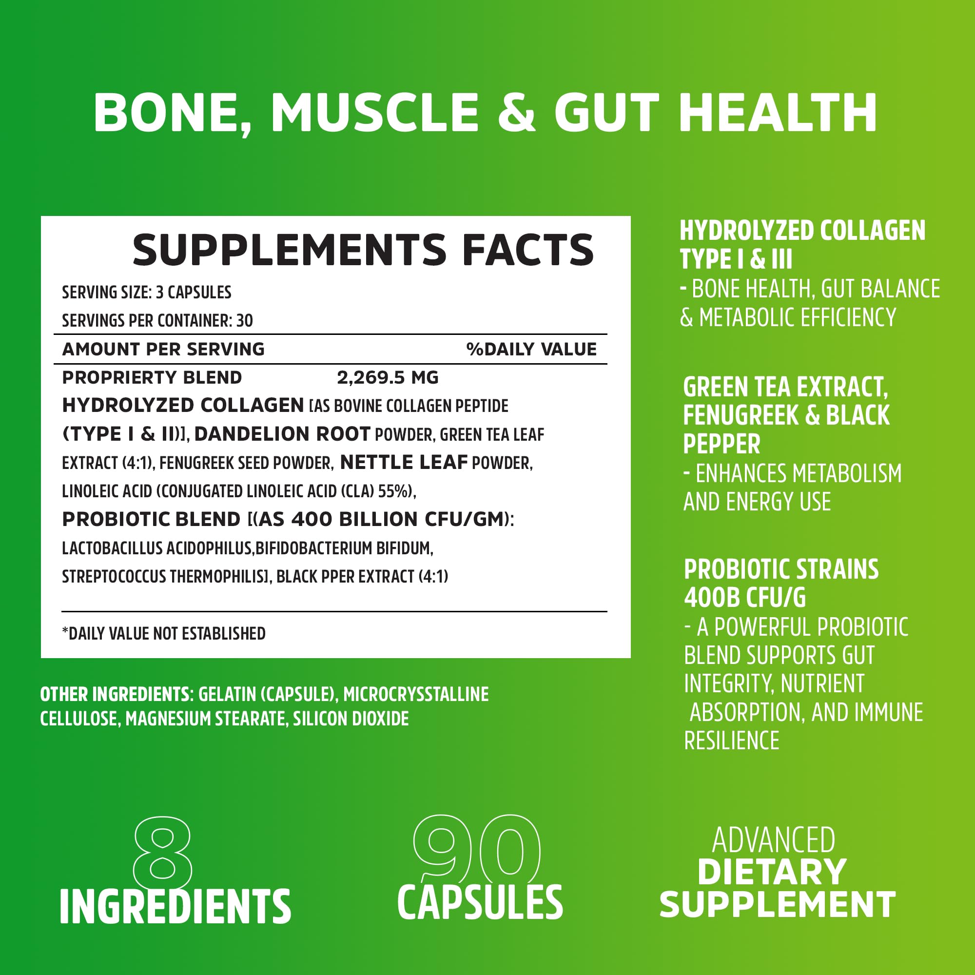 Closeup of Dr. ZTRONG capsules highlighting hydrolyzed collagen types I & III.
