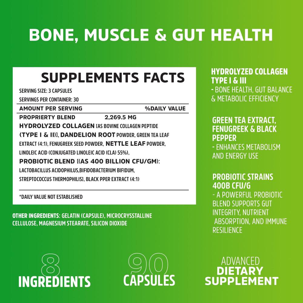 Closeup of Dr. ZTRONG capsules highlighting hydrolyzed collagen types I & III.