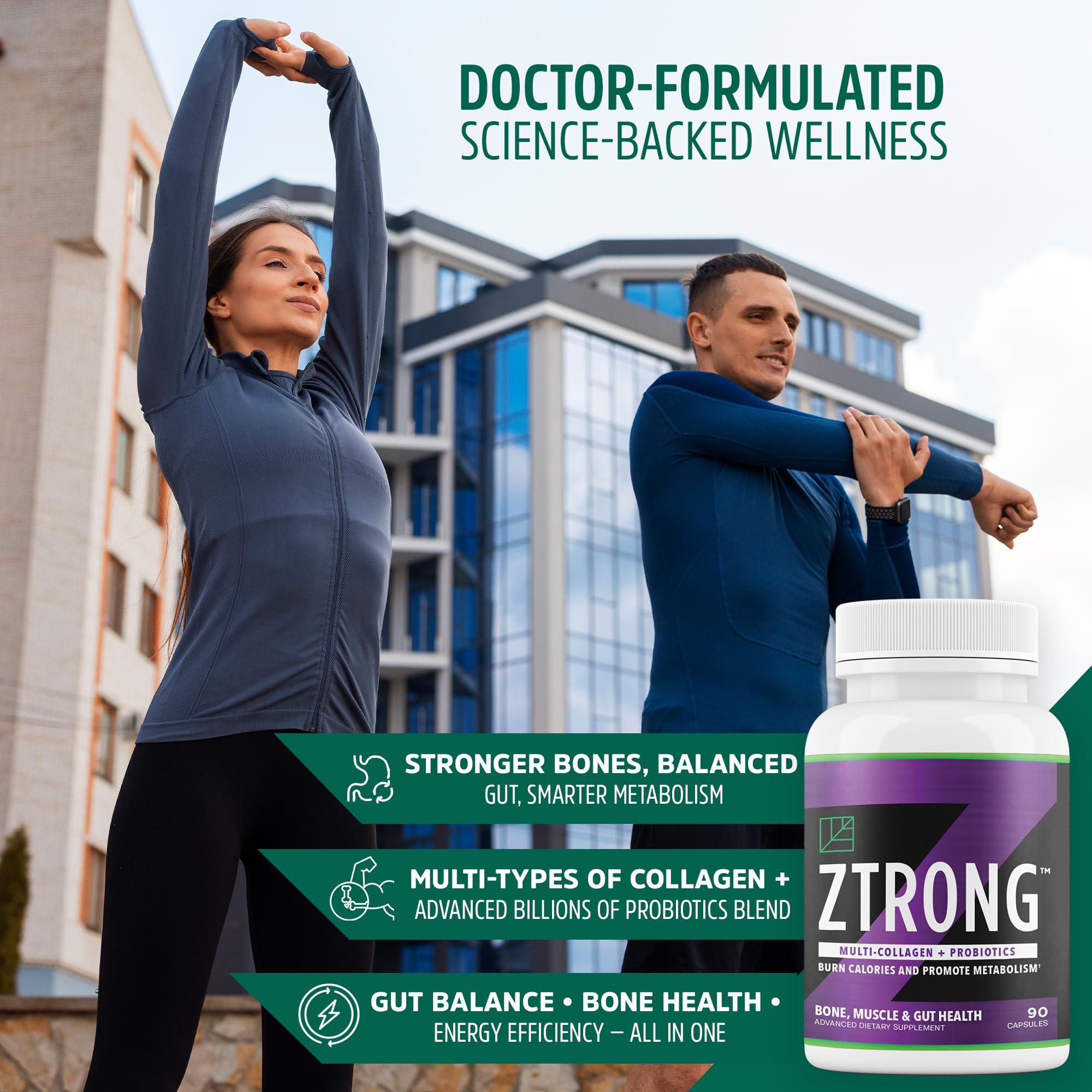 Dr. ZTRONG probiotic blend label emphasizing gut balance and immune support potential.