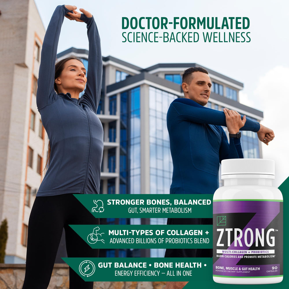 Dr. ZTRONG probiotic blend label emphasizing gut balance and immune support potential.