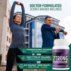 Dr. ZTRONG probiotic blend label emphasizing gut balance and immune support potential.